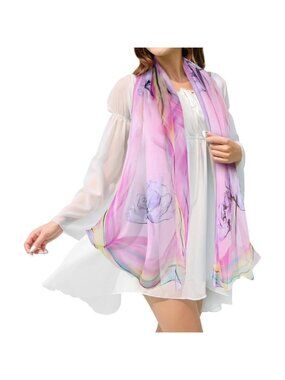 Women's Pink+purple Fashion Lightweight Head Scarf Floral Print Chiffon Scarves